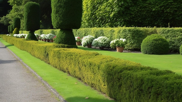 Um jardim com gramado e arbustos