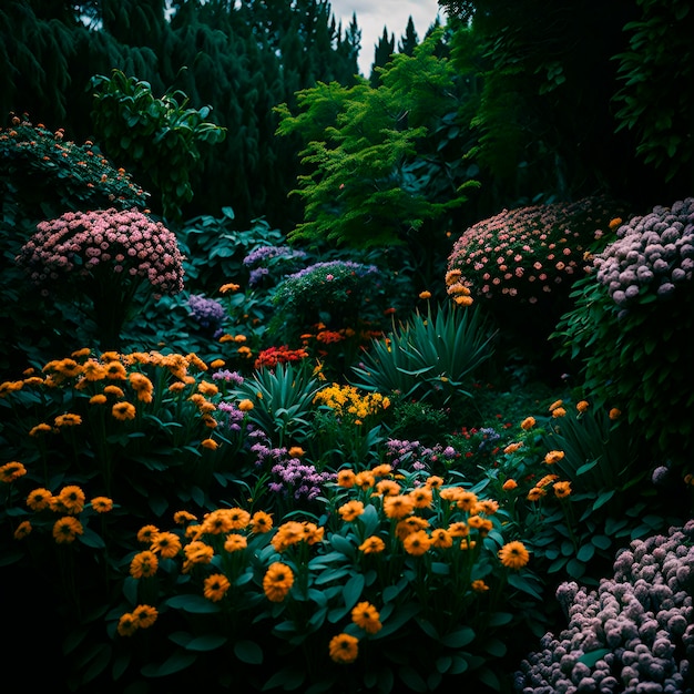 Um jardim com muitas flores e muitas árvores