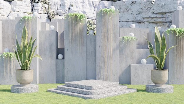 Um jardim com muro de pedra e floreira com plantas.