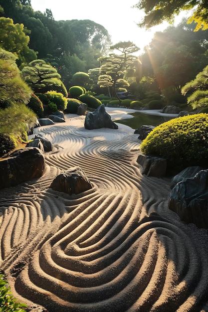 um jardim com rochas e árvores