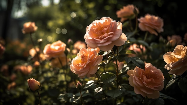 Um jardim com rosas ao fundo