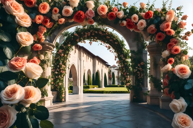 Um jardim com rosas e um belo arco