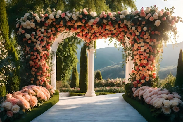 Um jardim com rosas e uma pérgola.