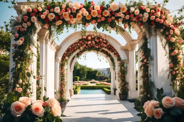 Um jardim com rosas e uma pérgola