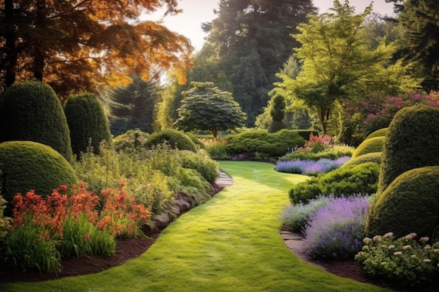 Um jardim com um caminho e árvores e um gramado com uma variedade de flores.