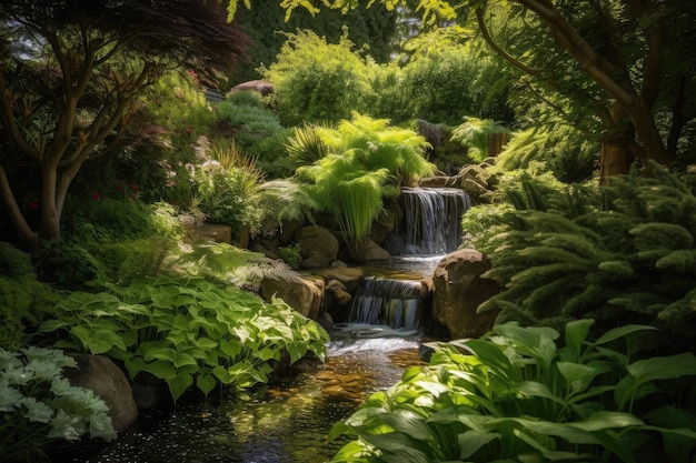 Um jardim com um riacho tranquilo e uma cachoeira murmurante cercada por uma vegetação luxuriante