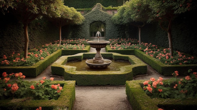 Foto um jardim com uma fonte e uma fonte no meio