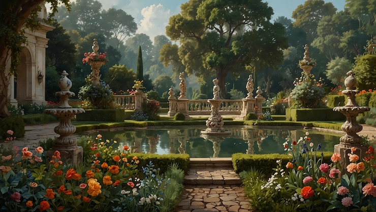 Foto um jardim com uma ponte e uma lagoa com flores e uma ponte