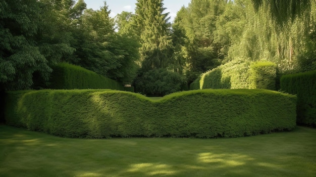 Um jardim com uma sebe em primeiro plano e uma árvore ao fundo.