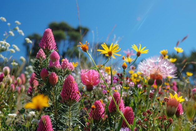 Foto um jardim com uma variedade de flores, incluindo rosa amarelo e roxo