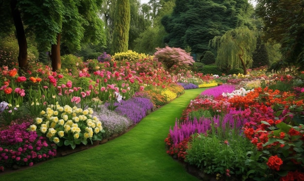 Um jardim com uma variedade de flores