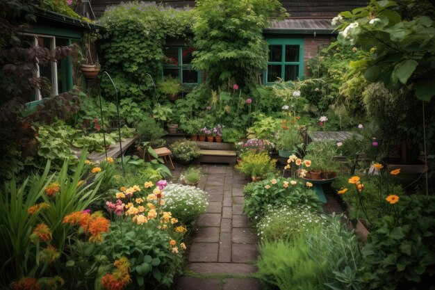 Um jardim com uma variedade de plantas, de pequenas a altas e florescentes, criadas com ai generativa