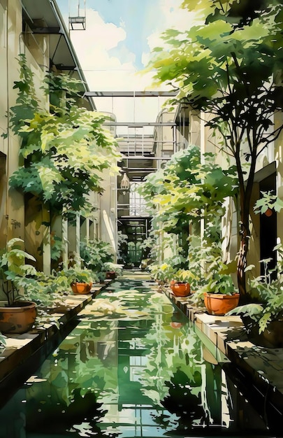 Um jardim de água em um edifício com plantas e ilustrações de plantas