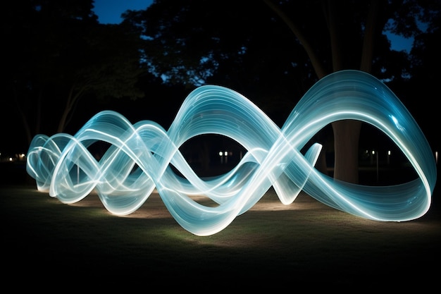 Foto um jardim de esculturas iluminadas com espetáculos de luz sincronizados