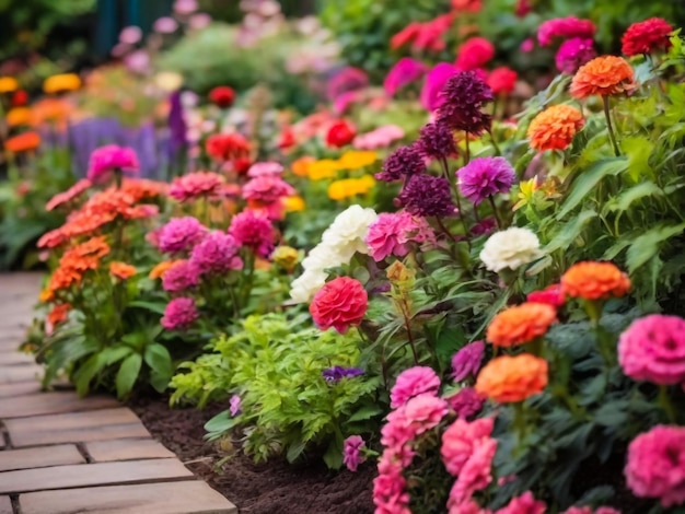 um jardim de flores com muitas flores diferentes nele