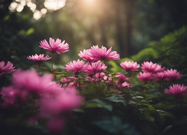 Um jardim de flores cor-de-rosa