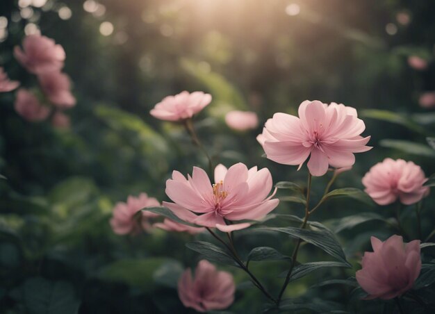 Um jardim de flores cor-de-rosa