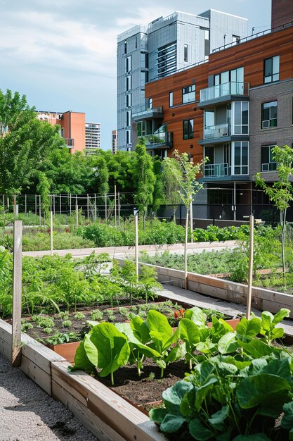 Um jardim de legumes comunitário em um ambiente urbano grande cidade no fundo