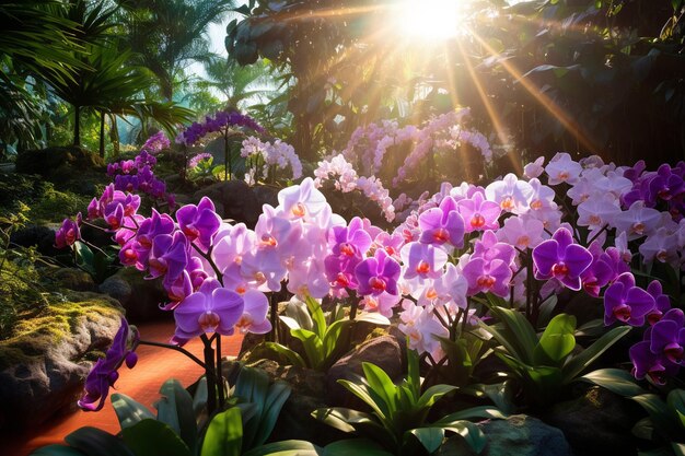 Um jardim de orquídeas em flor.