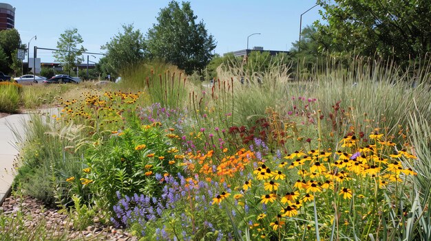 Um jardim de pradaria à beira da estrada em plena floração com coloridas flores silvestres nativas e gramíneas