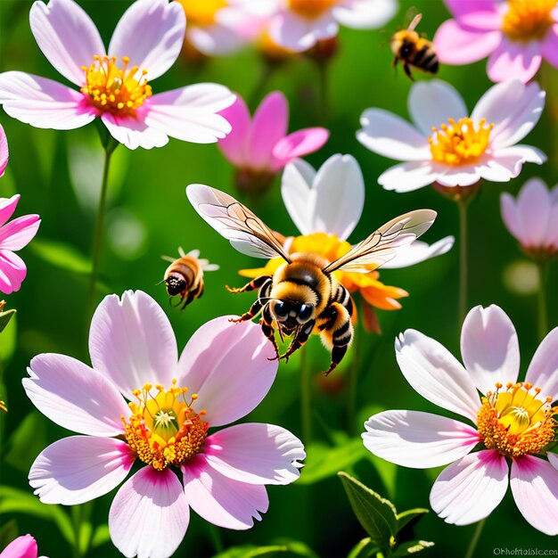 Um jardim de primavera com flores em flor, abelhas a zumbir e uma brisa suave, uma luz suave e difusa.