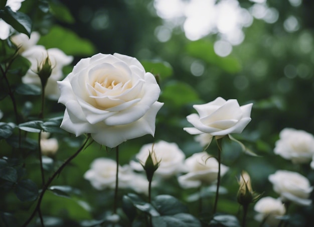 Um jardim de rosas brancas