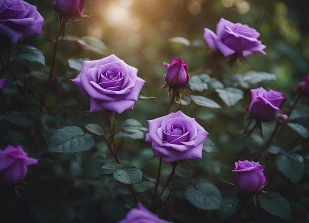 Um jardim de rosas roxas