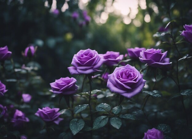 Um jardim de rosas roxas