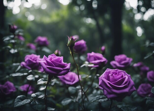 Um jardim de rosas roxas