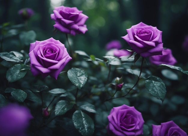 Um jardim de rosas roxas