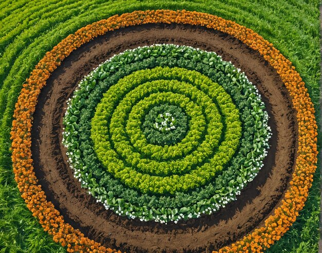 um jardim em forma de espiral no meio de um campo