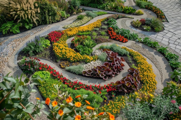 Um jardim escolar com plantas de design abstrato e flores dispostas