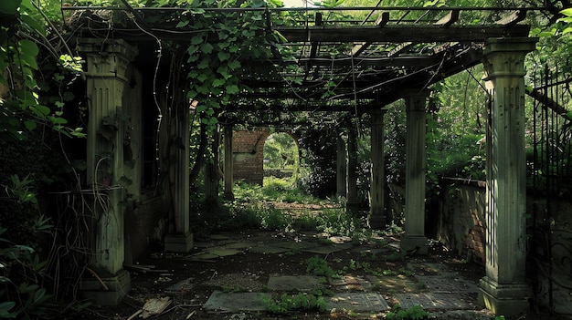 Um jardim esquecido outrora lindo agora coberto de ervas daninhas e videiras as colunas de pedra ainda estão de pé mas o telhado desabou