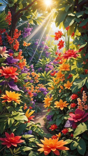 Um jardim exuberante e vibrante de plantas e flores exóticas onde os raios do sol dançam sobre as pétalas e