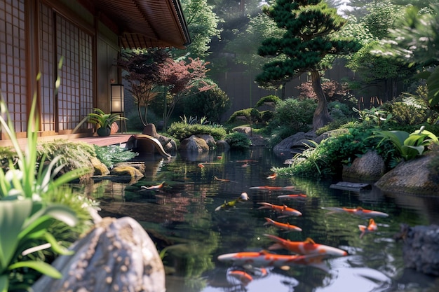 Um jardim japonês tranquilo com uma lagoa de koi