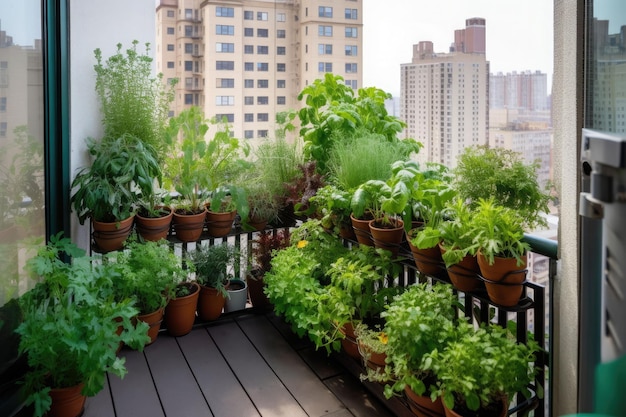 Um jardim na varanda de um apartamento metropolitano com plantas crescendo nas laterais Generative AI