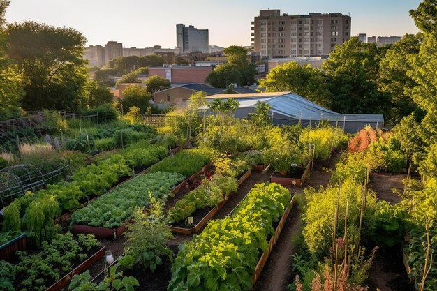 Um jardim no telhado com uma cidade ao fundo