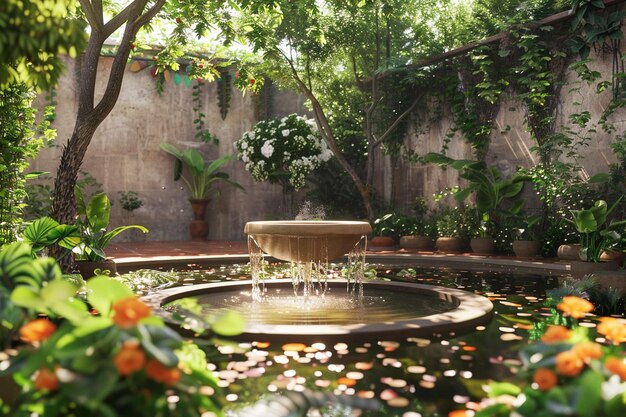 Foto um jardim pacífico com uma fonte de gotejamento