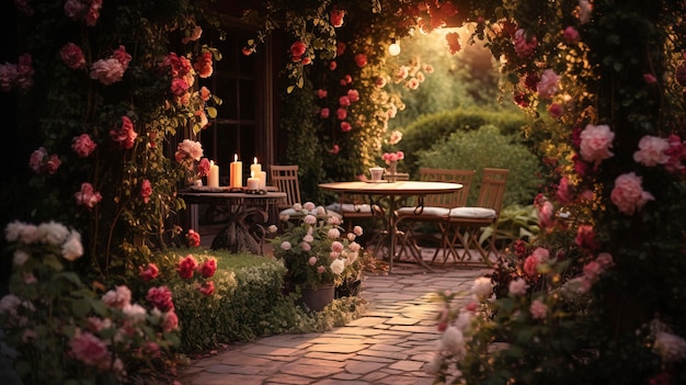 Um jardim romântico acolhedor com rosas e guirlandas e lanternas Geração AI