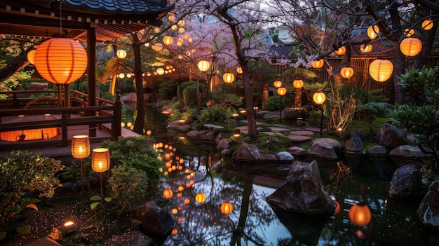 Um jardim tradicional japonês adornado com lanternas sakura criando um ambiente mágico para passeios à noite