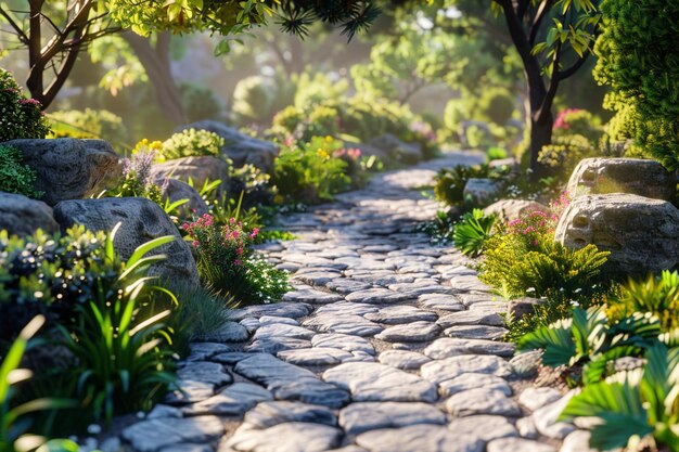 Um jardim tranquilo com um caminho de pedra