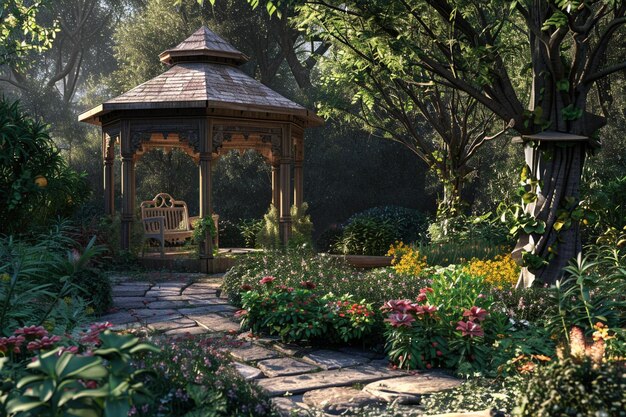 Um jardim tranquilo com um gazebo