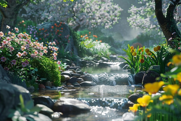 Um jardim tranquilo com um riacho balbuciante e floresce