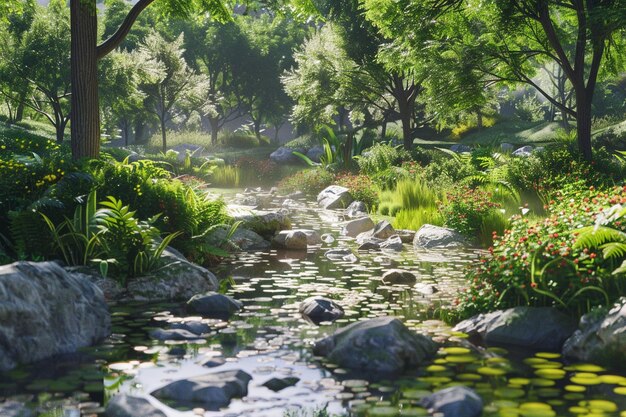Um jardim tranquilo com um riacho balbuciante