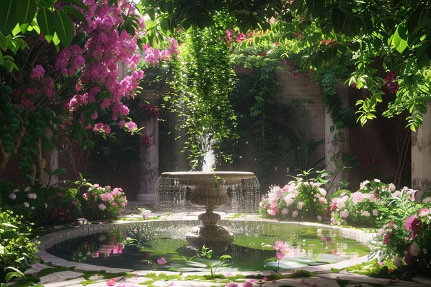 Foto um jardim tranquilo com uma fonte de gotejamento e bl