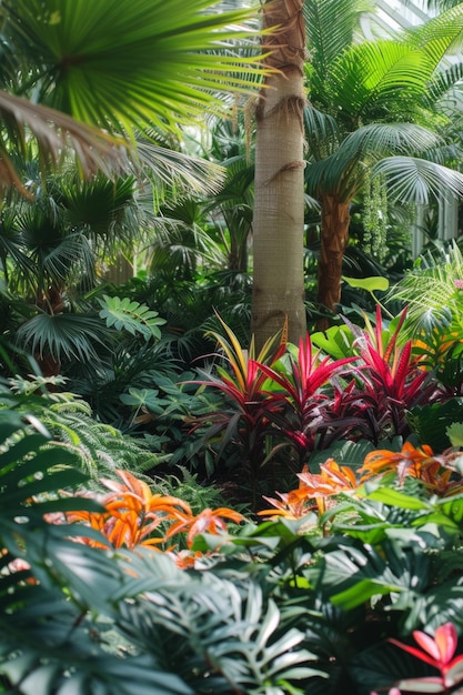 Foto um jardim tropical com plantas exóticas como palmeiras, samambaias e folhagem exuberante e vibrante