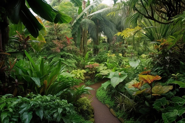 Um jardim tropical com um caminho pela selva