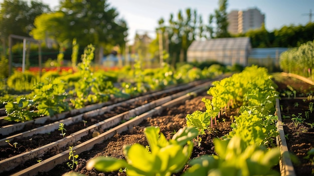 Um jardim urbano com camas elevadas cheias de vegetais de folhas verdes e flores O sol está brilhando e há uma estufa ao fundo