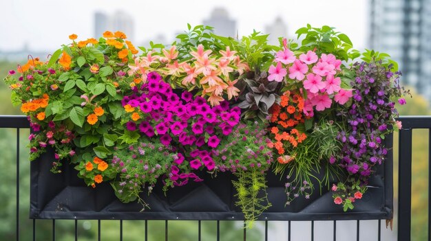 Um jardim vertical em um corrimão de varanda exibindo uma variedade de flores coloridas e adicionando vegetação