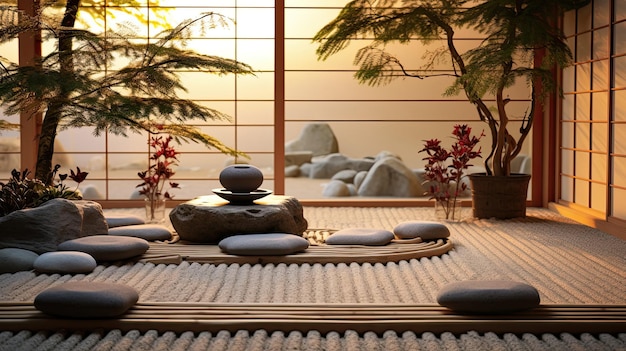 Um jardim zen com pedras e plantas num tapete.
